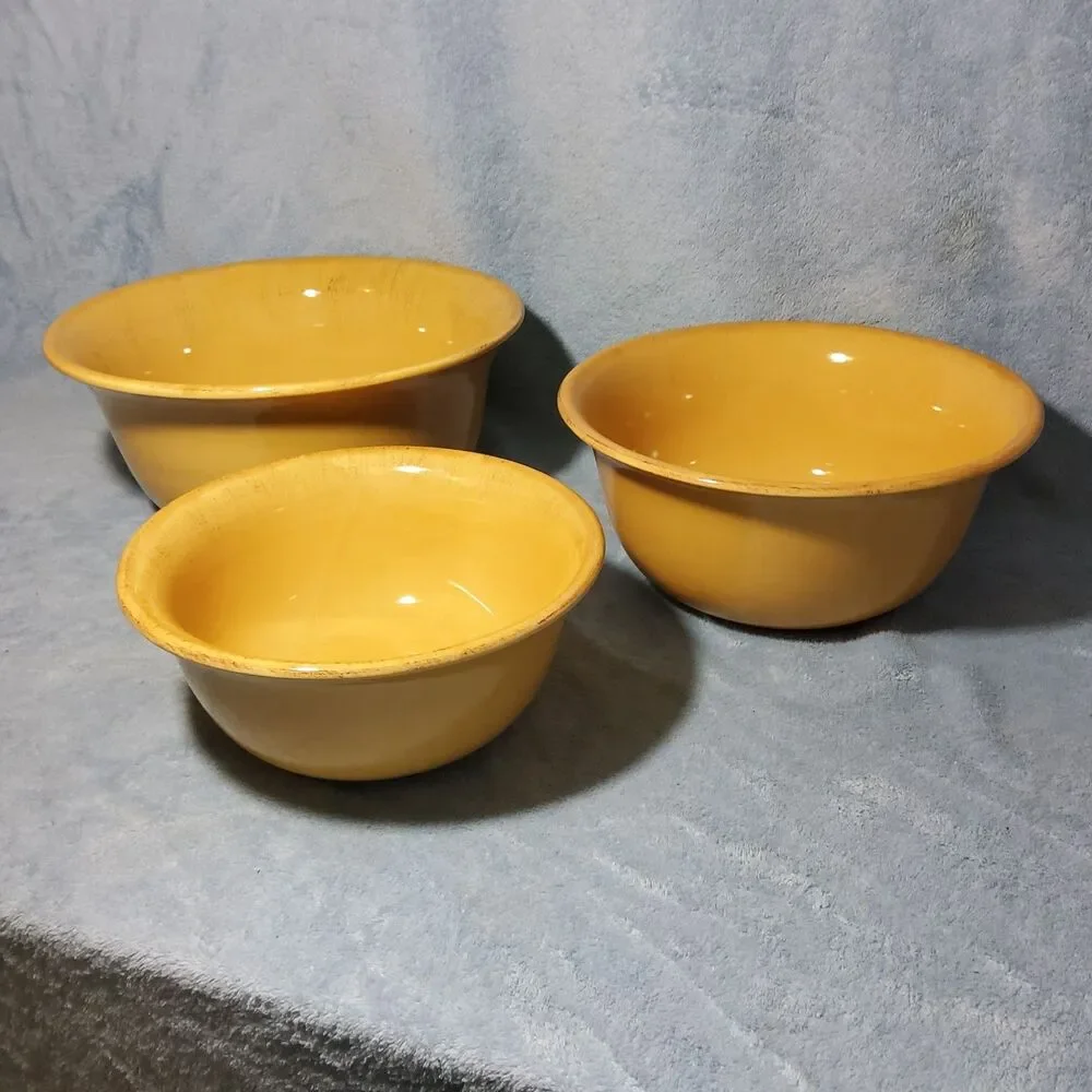 Pier 1 Toscana Gold Mixing Bowls Set 3 Nesting Earthenware Yellow Italy Handpain